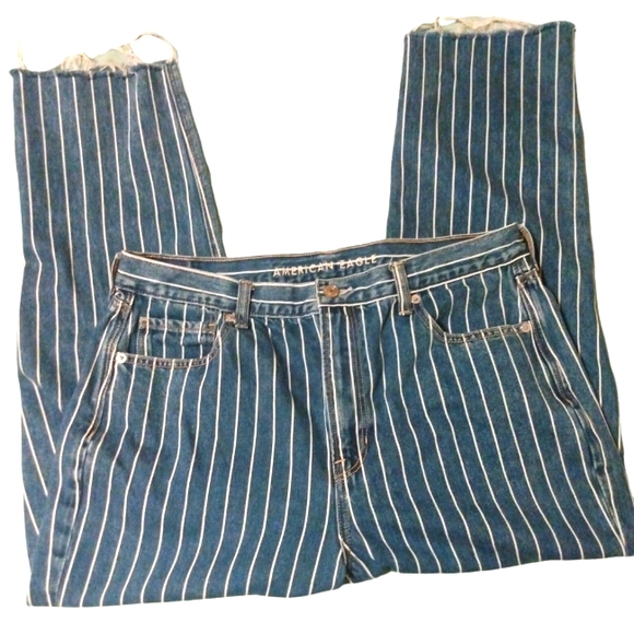 AMERICAN EAGLE Vintage Women's Stretch Striped Blue Denim Mom Jeans Size 14 - Picture 2 of 7